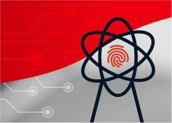 Atom symbol fingerprint circuit lines on red and gray background